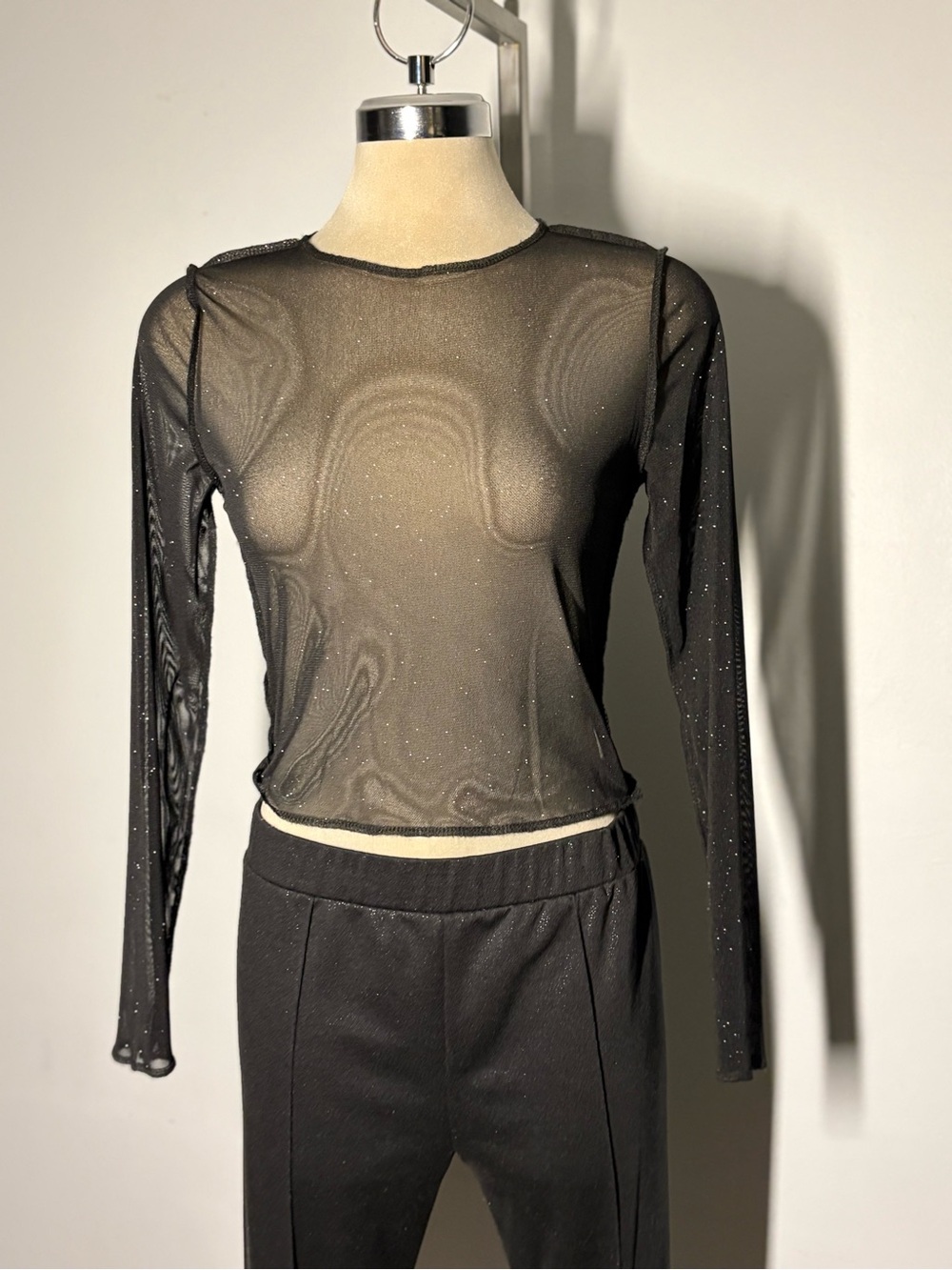 Audrey 3+1 Black Sheer Long-Sleeve Sparkle Top